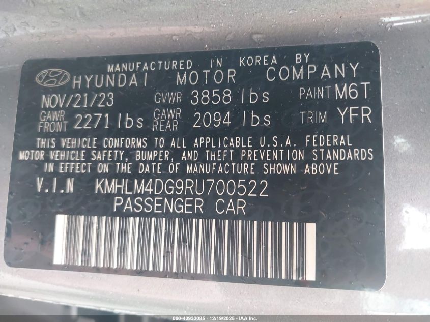2024 Hyundai Elantra Sel VIN: KMHLM4DG9RU700522 Lot: 43933085