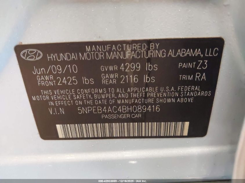 2011 Hyundai Sonata Gls VIN: 5NPEB4AC4BH089416 Lot: 43933089