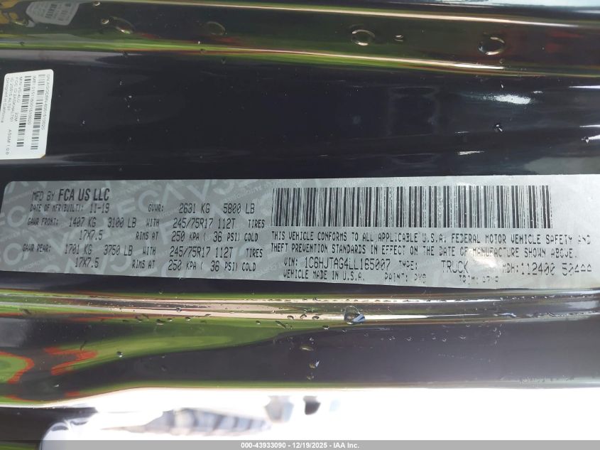 2020 Jeep Gladiator Sport 4X4 VIN: 1C6HJTAG4LL165007 Lot: 43933090