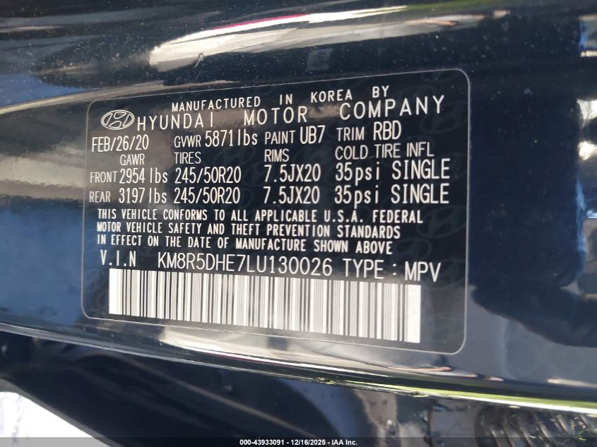 2020 Hyundai Palisade Limited VIN: KM8R5DHE7LU130026 Lot: 43933091