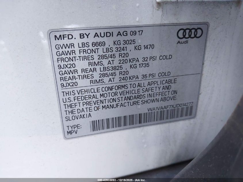 2018 Audi Q7 3.0T Premium VIN: WA1VAAF7XJD014277 Lot: 43933093