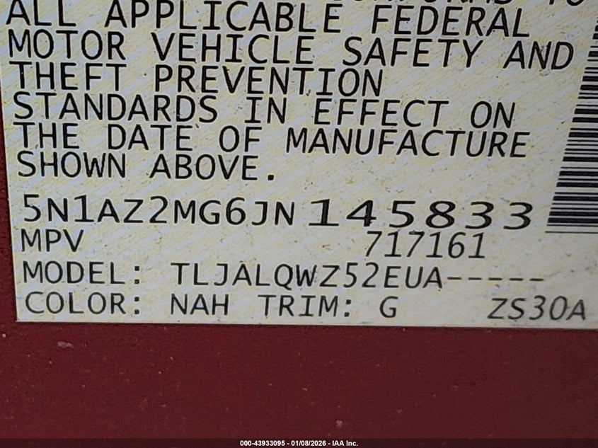 2018 Nissan Murano Sv VIN: 5N1AZ2MG6JN145833 Lot: 43933095