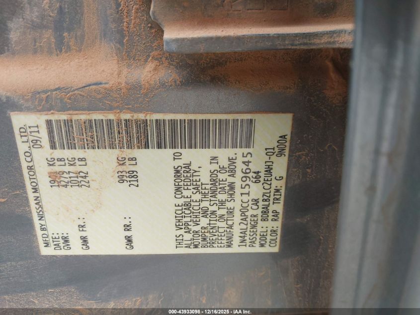 2012 Nissan Altima 2.5 S VIN: 1N4AL2AP0CC159645 Lot: 43933098