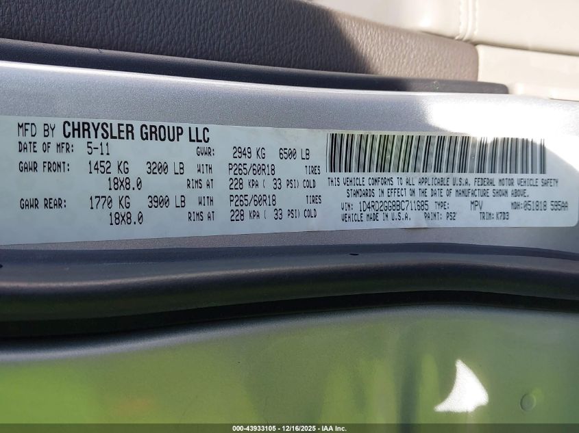 2011 Dodge Durango Express VIN: 1D4RD2GG8BC711685 Lot: 43933105