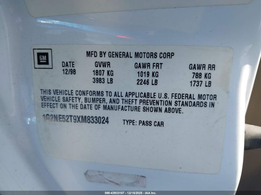 1999 Pontiac Grand Am Se VIN: 1G2NE52T9XM833024 Lot: 43933107