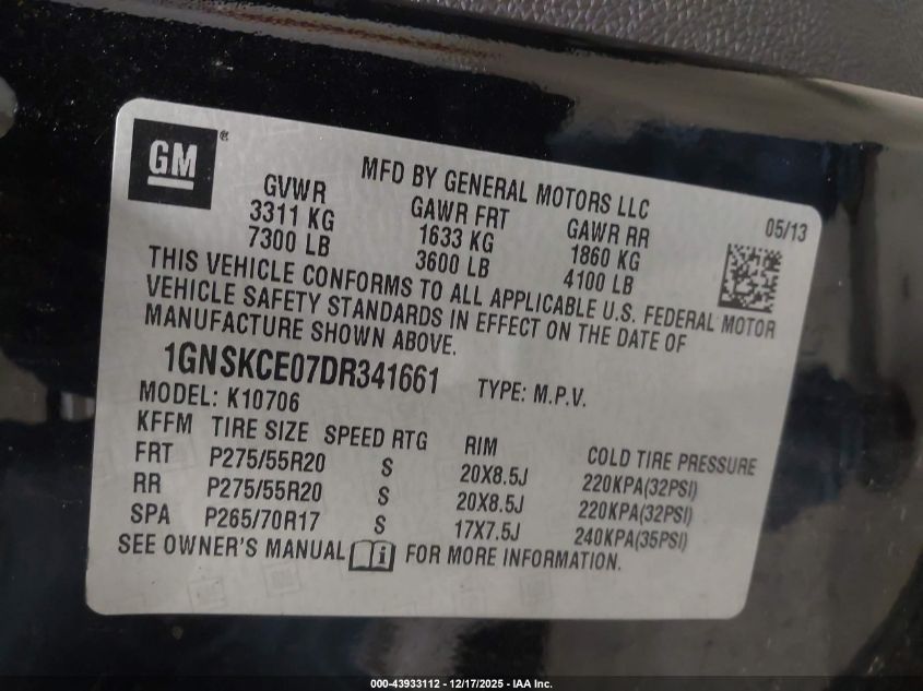 2013 Chevrolet Tahoe Ltz VIN: 1GNSKCE07DR341661 Lot: 43933112