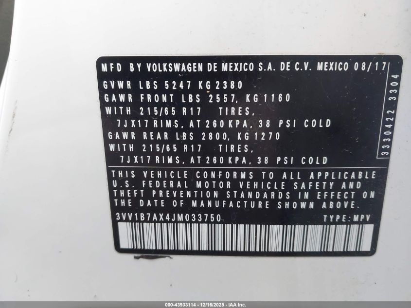 2018 Volkswagen Tiguan 2.0T S VIN: 3VV1B7AX4JM033750 Lot: 43933114