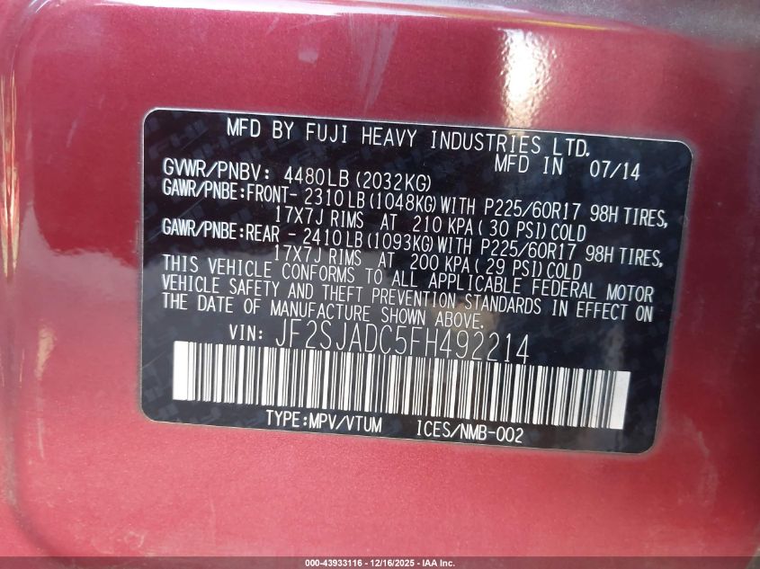 2015 Subaru Forester 2.5I Premium VIN: JF2SJADC5FH492214 Lot: 43933116
