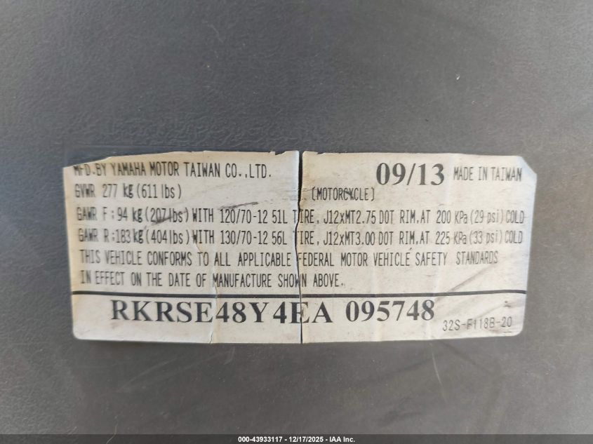 2014 Yamaha Yw125 VIN: RKRSE48Y4EA095748 Lot: 43933117