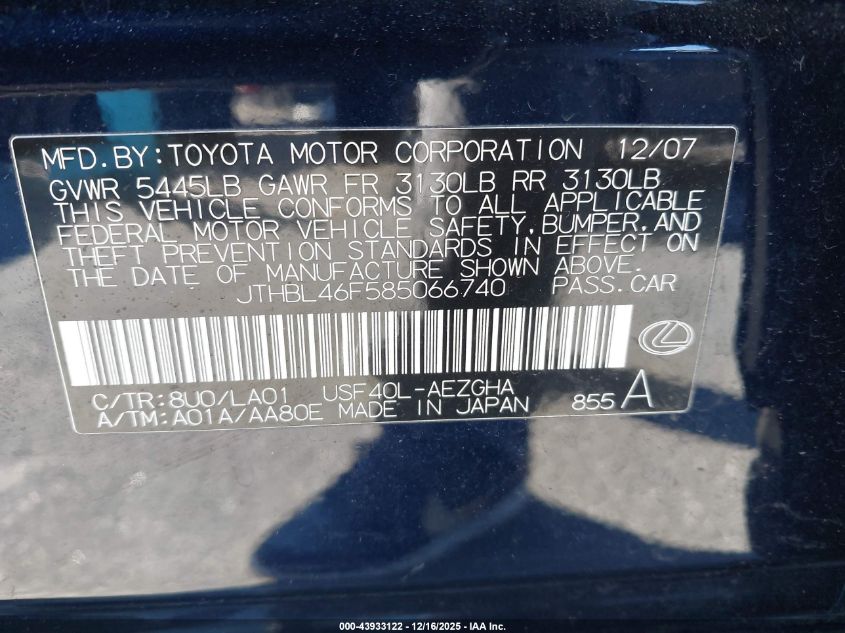 2008 Lexus Ls 460 VIN: JTHBL46F585066740 Lot: 43933122