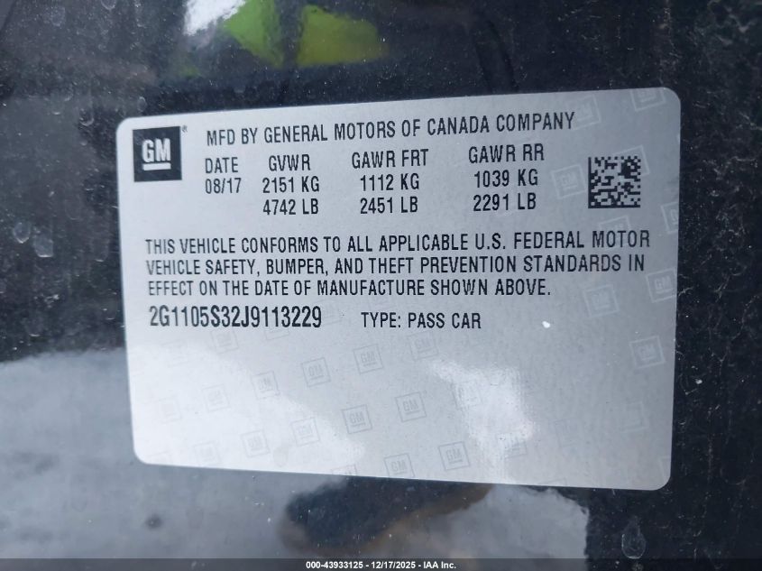 2018 Chevrolet Impala 1Lt VIN: 2G1105S32J9113229 Lot: 43933125