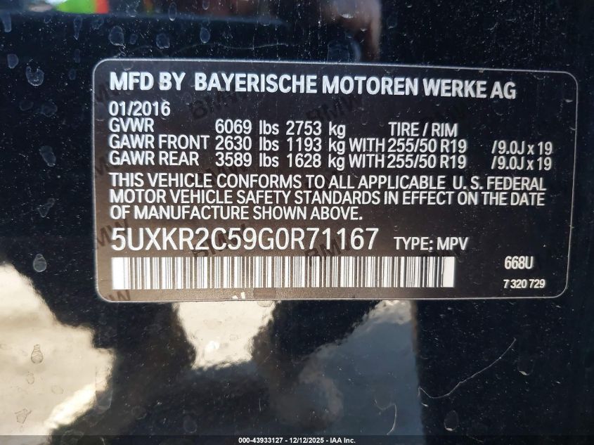 2016 BMW X5 Sdrive35I VIN: 5UXKR2C59G0R71167 Lot: 43933127