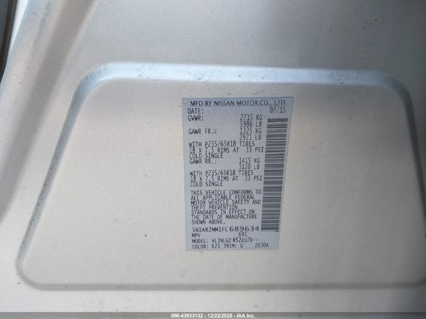 2015 Nissan Pathfinder Sl VIN: 5N1AR2MM1FC689634 Lot: 43933132