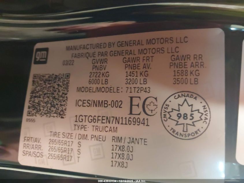 2022 GMC Canyon At4 W/Leather VIN: 1GTG6FEN7N1169941 Lot: 43933134