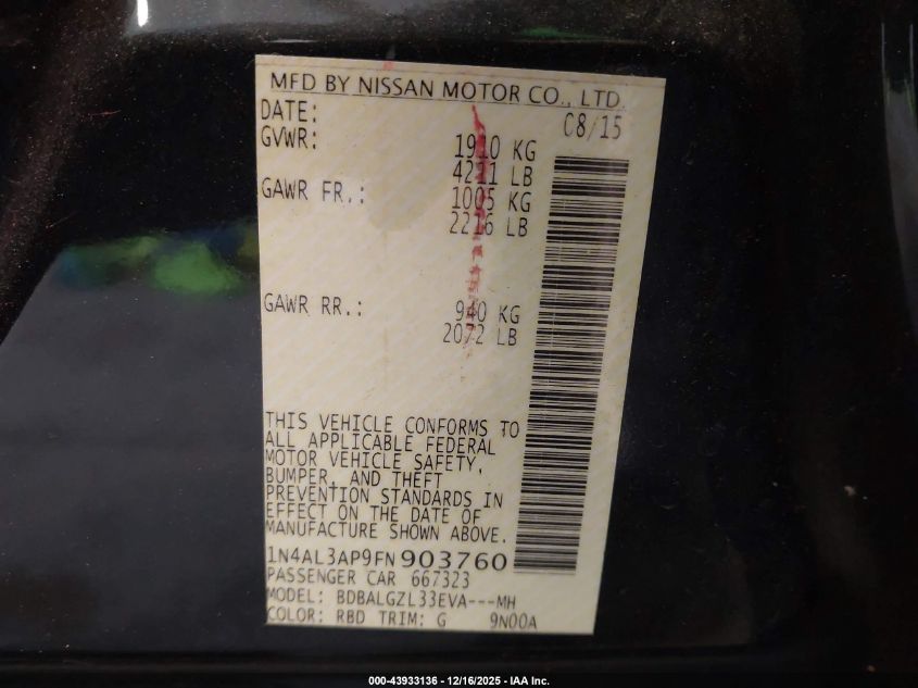 2015 Nissan Altima 2.5 S VIN: 1N4AL3AP9FN903760 Lot: 43933136
