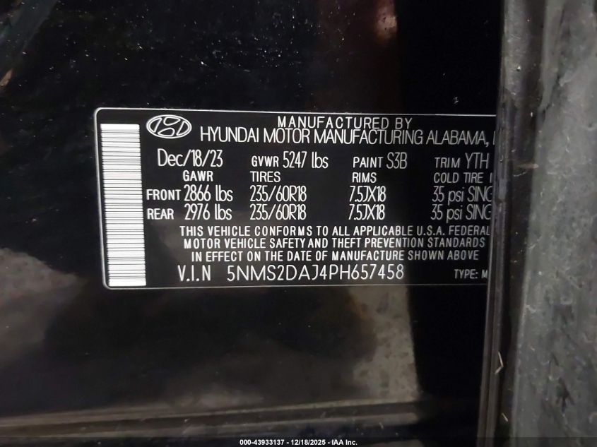 2023 Hyundai Santa Fe Sel VIN: 5NMS2DAJ4PH657458 Lot: 43933137