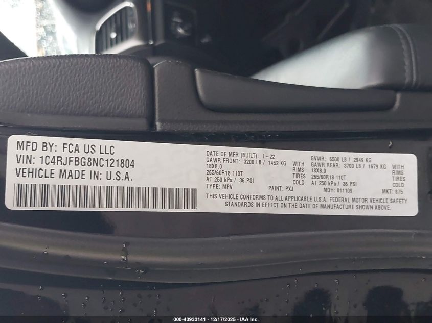 2022 Jeep Grand Cherokee Wk Limited VIN: 1C4RJFBG8NC121804 Lot: 43933141