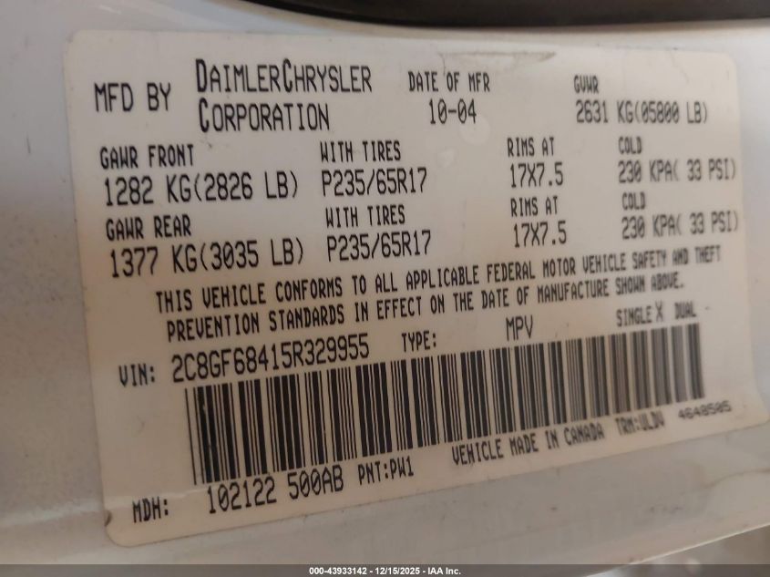 2005 Chrysler Pacifica Touring VIN: 2C8GF68415R329955 Lot: 43933142