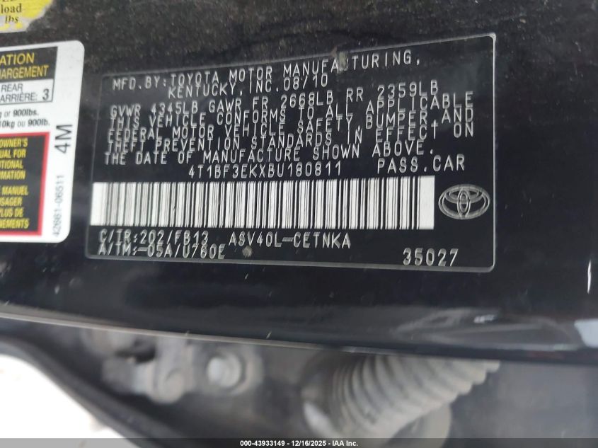 2011 Toyota Camry Le VIN: 4T1BF3EKXBU180811 Lot: 43933149