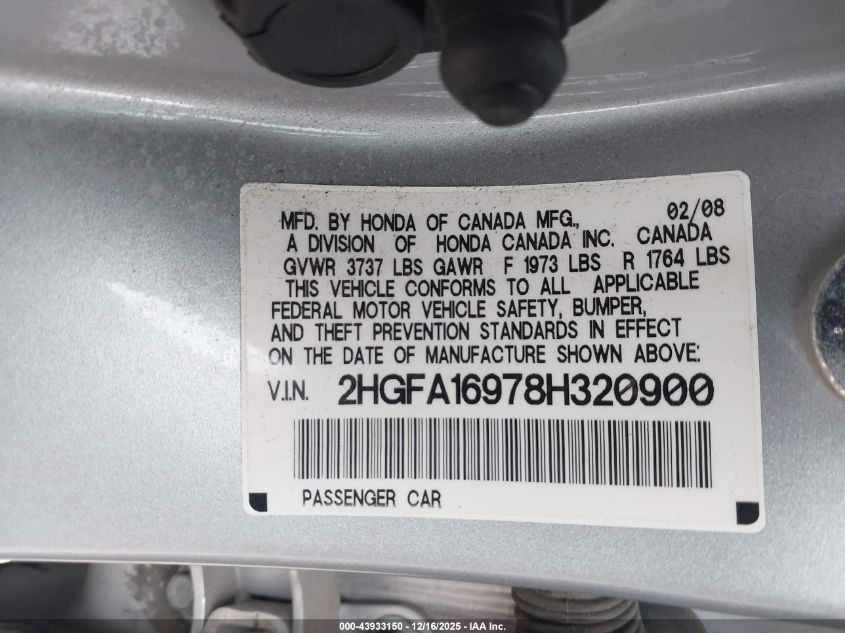 2008 Honda Civic Ex-L VIN: 2HGFA16978H320900 Lot: 43933150