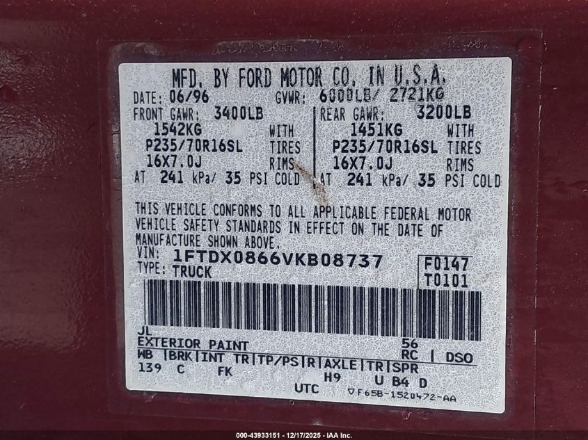 1997 Ford F-150 Lariat/Xl/Xlt VIN: 1FTDX0866VKB08737 Lot: 43933151