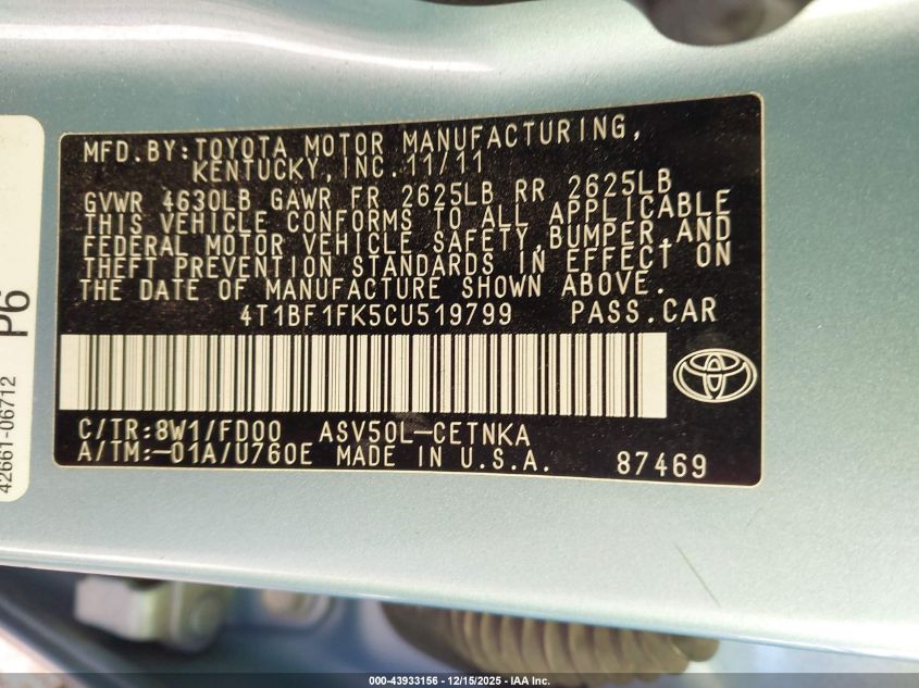 2012 Toyota Camry Le VIN: 4T1BF1FK5CU519799 Lot: 43933156