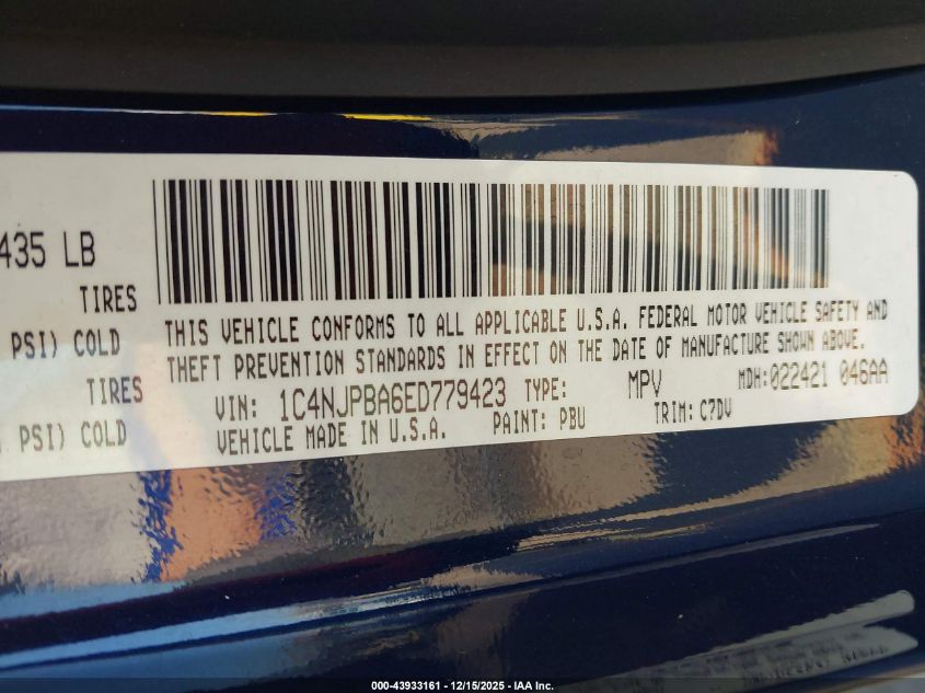 2014 Jeep Patriot Sport VIN: 1C4NJPBA6ED779423 Lot: 43933161