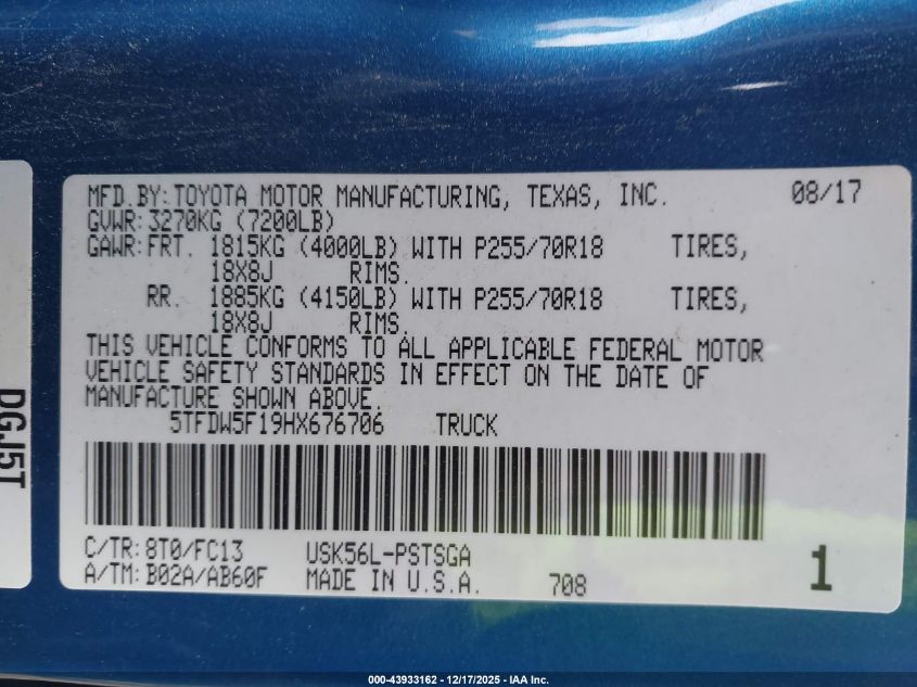 2017 Toyota Tundra Sr5 5.7L V8 VIN: 5TFDW5F19HX676706 Lot: 43933162