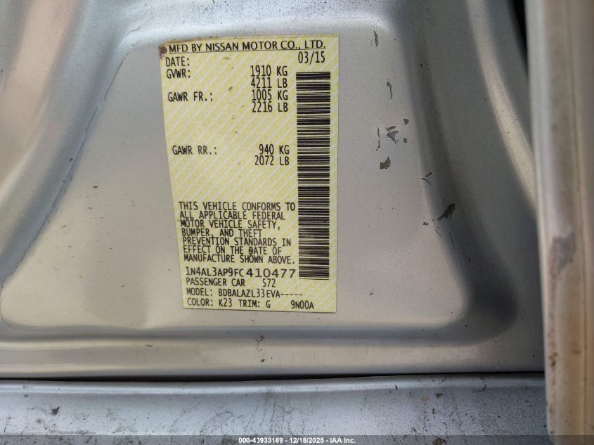 2015 Nissan Altima 2.5 VIN: 1N4AL3AP9FC410477 Lot: 43933169