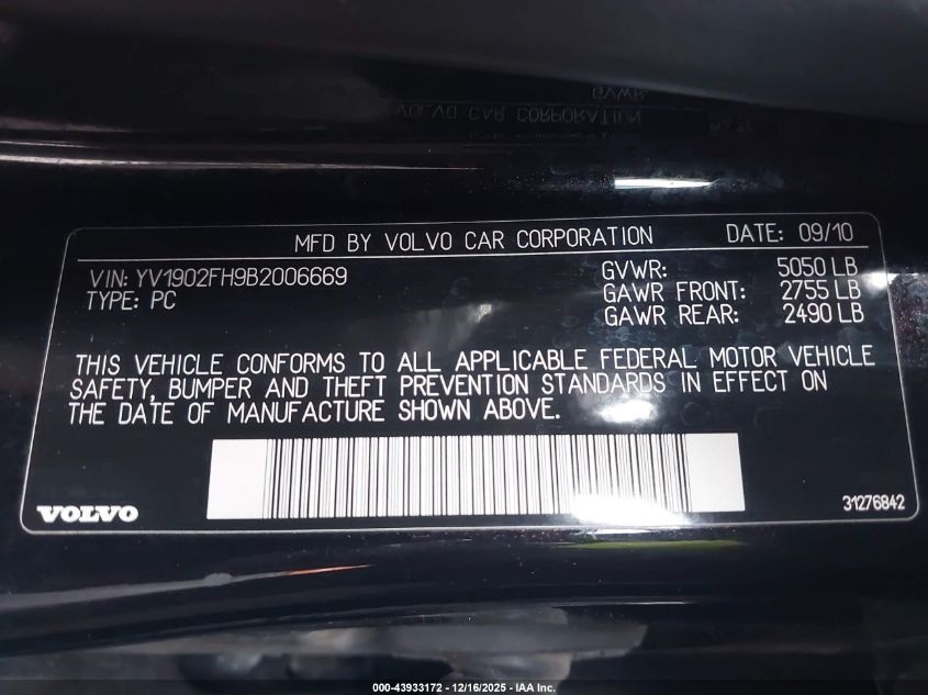 2011 Volvo S60 T6 VIN: YV1902FH9B2006669 Lot: 43933172