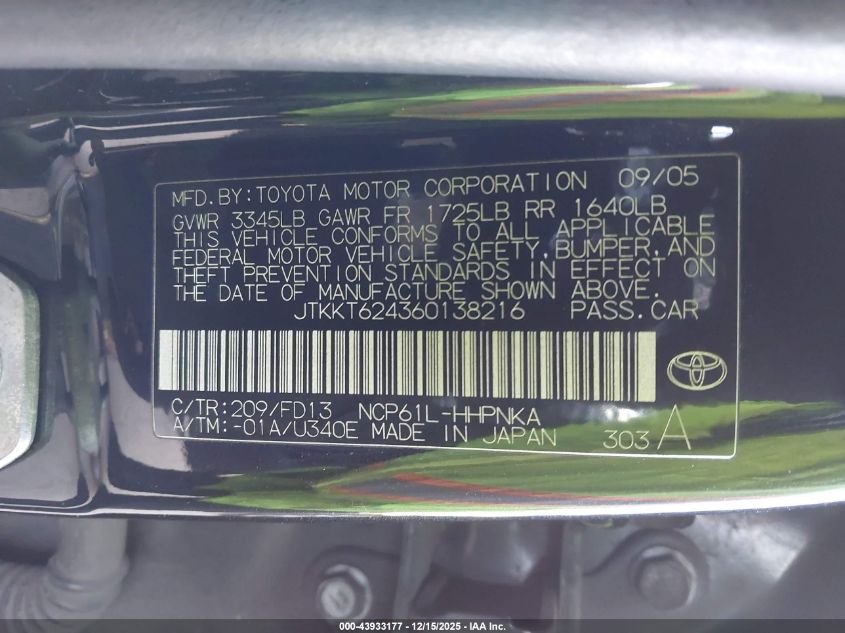 2006 Scion Xa VIN: JTKKT624360138216 Lot: 43933177