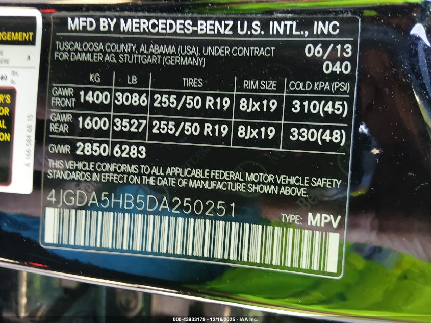 2013 Mercedes-Benz Ml 350 4Matic VIN: 4JGDA5HB5DA250251 Lot: 43933179