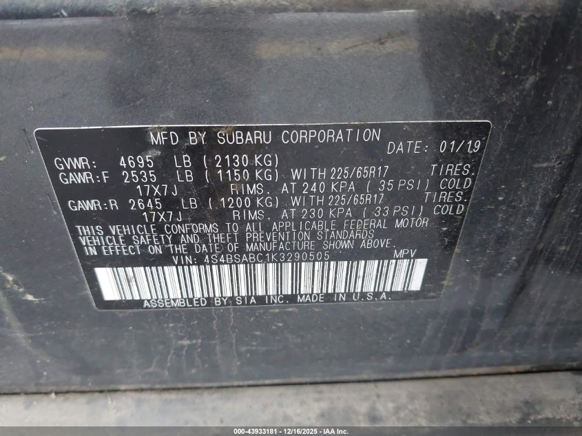 2019 Subaru Outback 2.5I VIN: 4S4BSABC1K3290505 Lot: 43933181