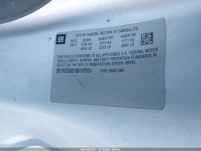 2011 Chevrolet Camaro 2Lt VIN: 2G1FC3DD7B9187531 Lot: 43933187
