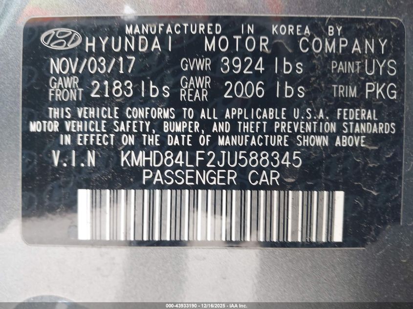 2018 Hyundai Elantra Value Edition VIN: KMHD84LF2JU588345 Lot: 43933190