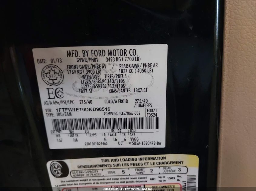 2013 Ford F-150 Lariat VIN: 1FTFW1ET0DKD98516 Lot: 43933194