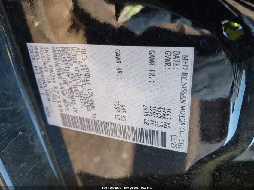 2025 Nissan Altima Sv Fwd VIN: 1N4BL4DV2SN372349 Lot: 43933206