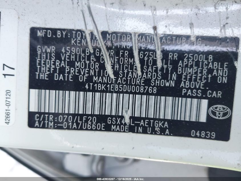 2013 Toyota Avalon Xle Premium VIN: 4T1BK1EB5DU008768 Lot: 43933207