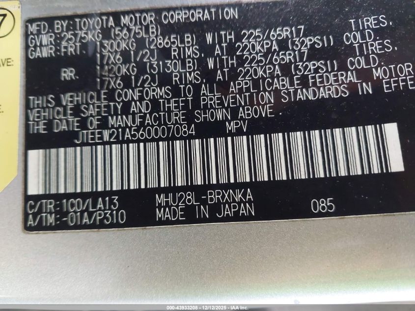 2006 Toyota Highlander Hybrid Limited V6 VIN: JTEEW21A560007084 Lot: 43933208