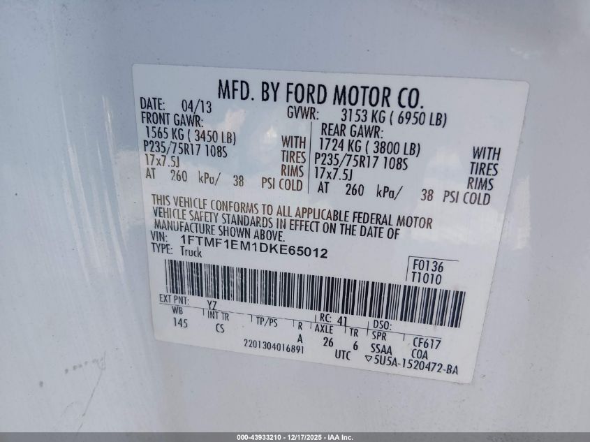 2013 Ford F-150 Xl VIN: 1FTMF1EM1DKE65012 Lot: 43933210