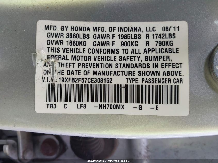 2012 Honda Civic Lx VIN: 19XFB2F57CE308152 Lot: 43933213