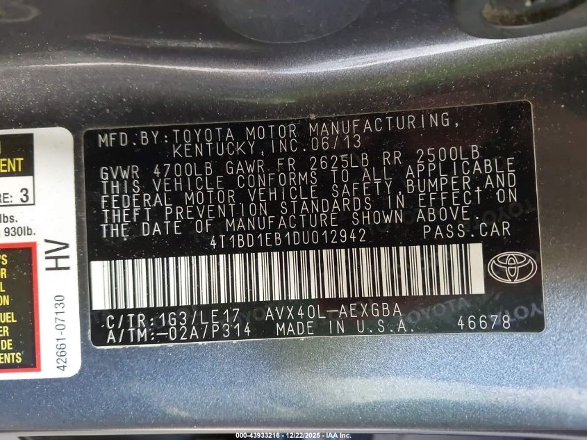 2013 Toyota Avalon Hybrid Xle Touring VIN: 4T1BD1EB1DU012942 Lot: 43933216