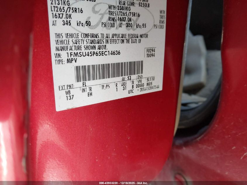 2005 Ford Excursion Eddie Bauer VIN: 1FMSU45P65EC14636 Lot: 43933220