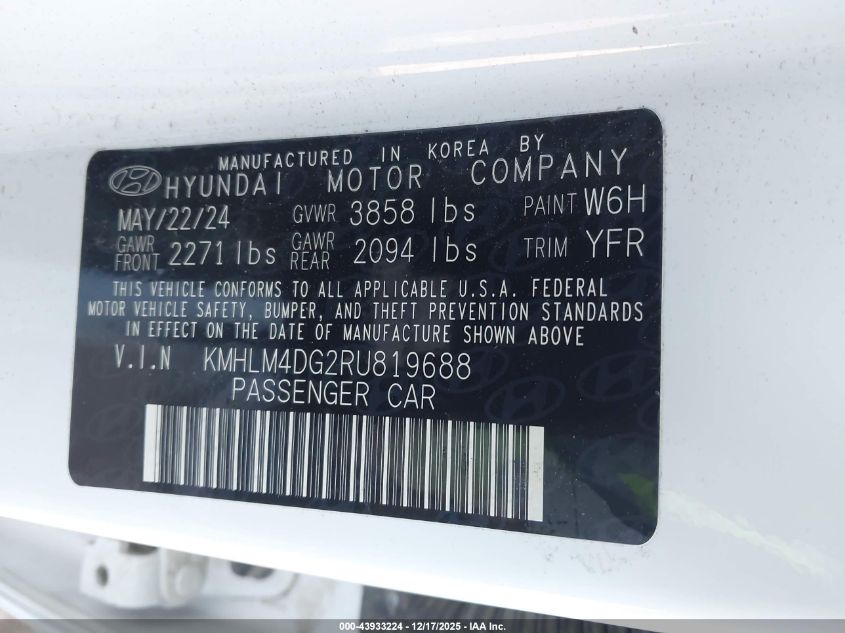 2024 Hyundai Elantra Sel VIN: KMHLM4DG2RU819688 Lot: 43933224