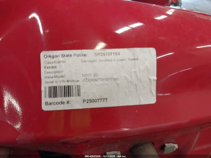 2000 Toyota Celica Gt VIN: JTDDR32T0Y0017330 Lot: 43933226