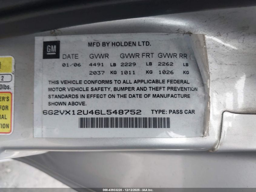 2006 Pontiac Gto VIN: 6G2VX12U46L548752 Lot: 43933228