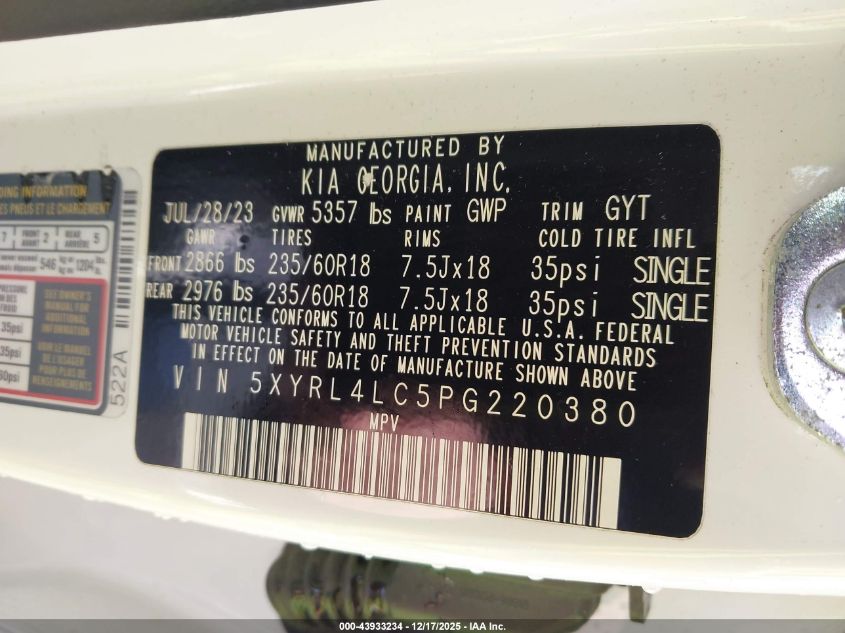 2023 Kia Sorento S VIN: 5XYRL4LC5PG220380 Lot: 43933234