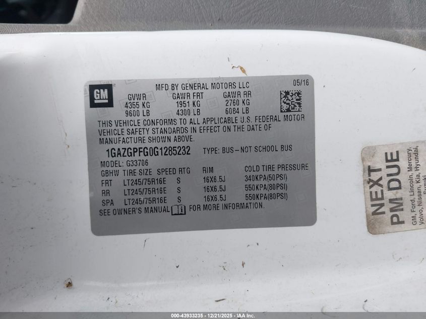 2016 Chevrolet Express 3500 Lt VIN: 1GAZGPFG0G1285232 Lot: 43933235