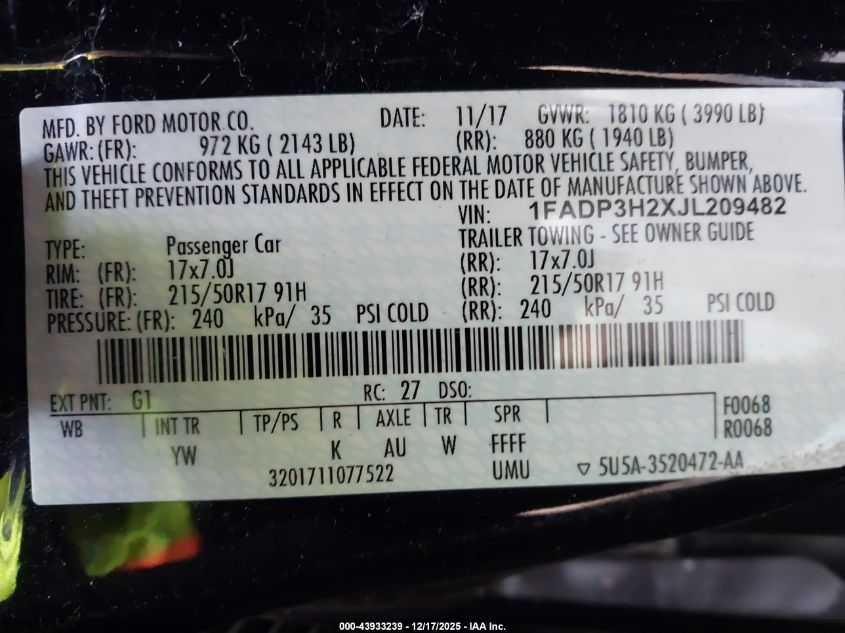 2018 Ford Focus Sel VIN: 1FADP3H2XJL209482 Lot: 43933239