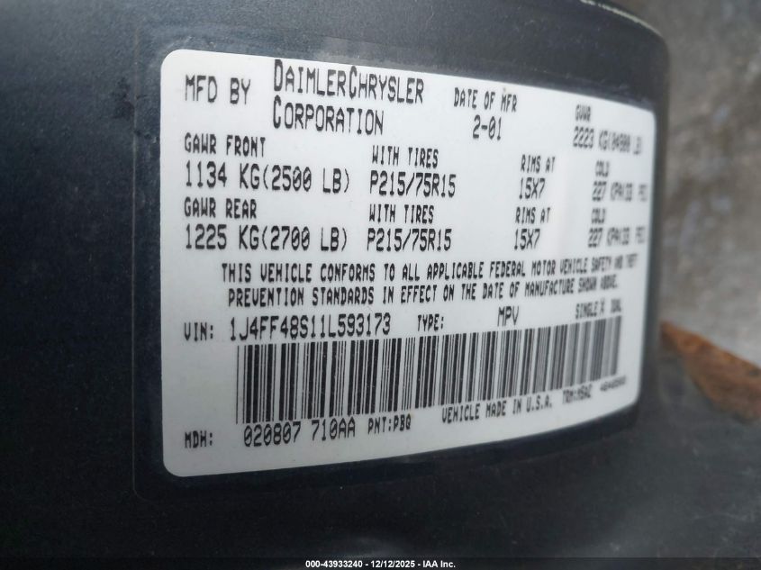 2001 Jeep Cherokee Sport VIN: 1J4FF48S11L593173 Lot: 43933240